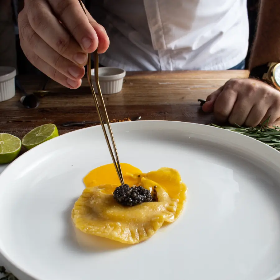 creation thumb for Running egg ravioli with black caviar