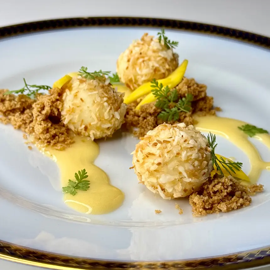 creation thumb for Potato dumplings with mango, coconut and ananas custard