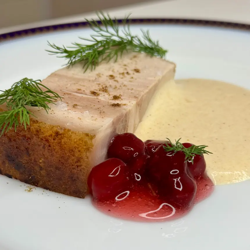 creation thumb for Sous-vide pork collar, fermented cranberry, bread sauce