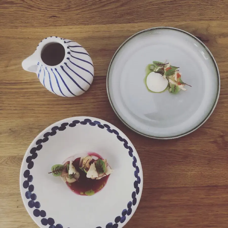 creation thumb for Lightly smoked pike perch-beetroot-goatcurt-fermented apple-rhubarb-chamomile