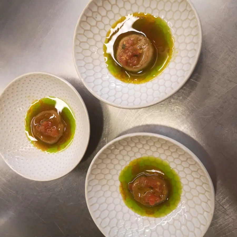 creation thumb for Braised king oyster mushroom, tomato, lime, herbal oil