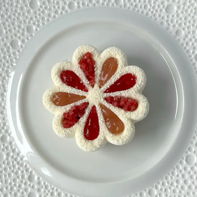 creation thumb for Rhubarb Entremet with Yogurt, Almond, Rhubarb, and Hibiscus