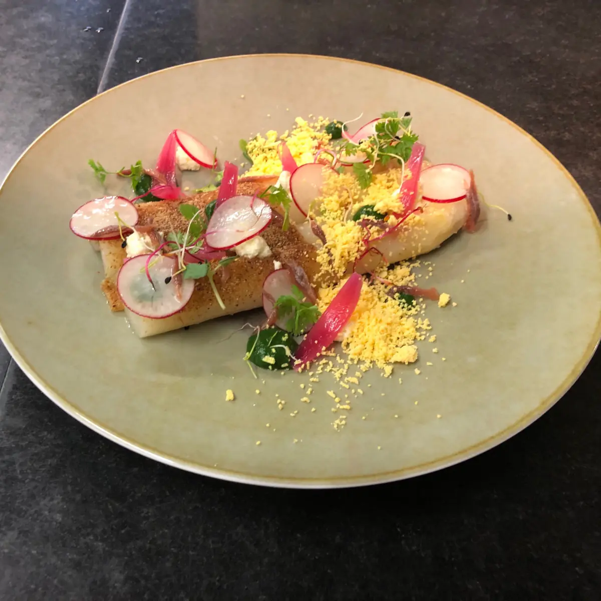 creation thumb for White asparagus, mimosa, anchovies, radishes, onion pickles, and nettle pulp