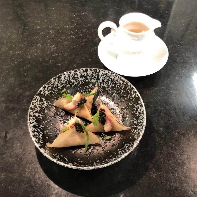 creation thumb for Vegetable ravioli, eel, caviar and its broth
