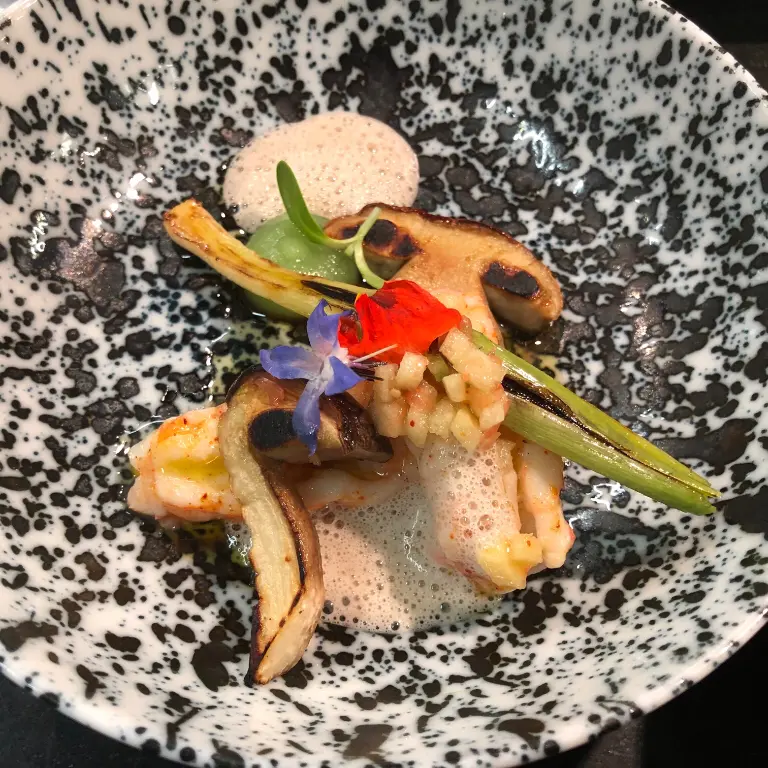 creation thumb for Langoustines as a snack, grilled porcini mushrooms, Granny Smith apples, foams
