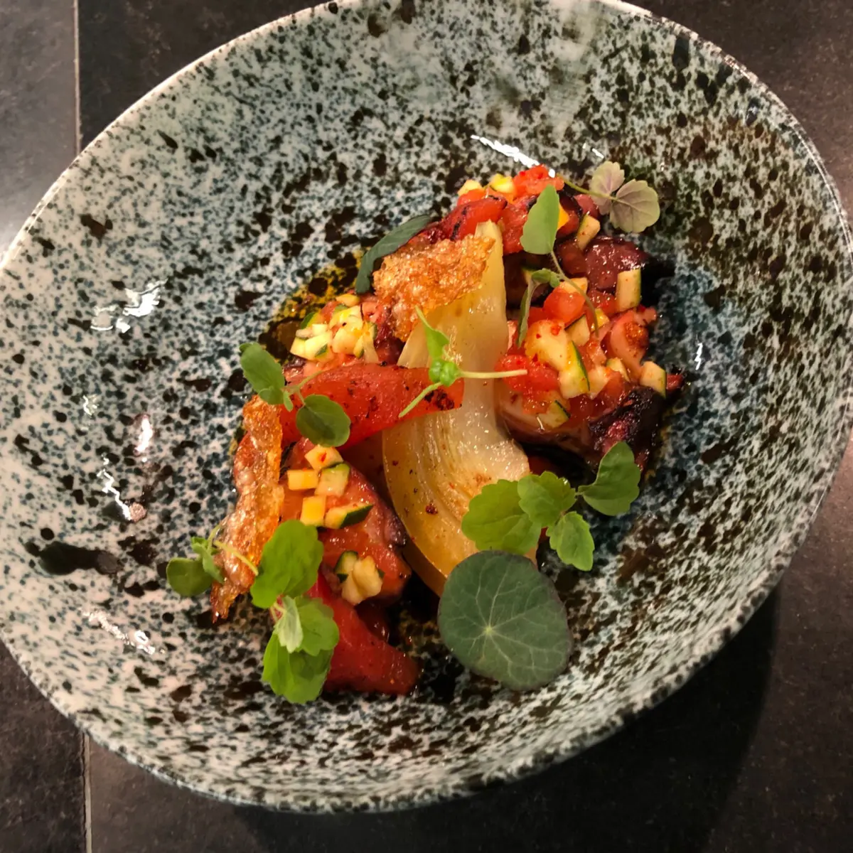 creation thumb for Grilled Octopus Salad, Watermelon / Grilled Fennel, Watermelon Vinaigrette / Zucchini, Tapioca Chips, Piquillos Gel
