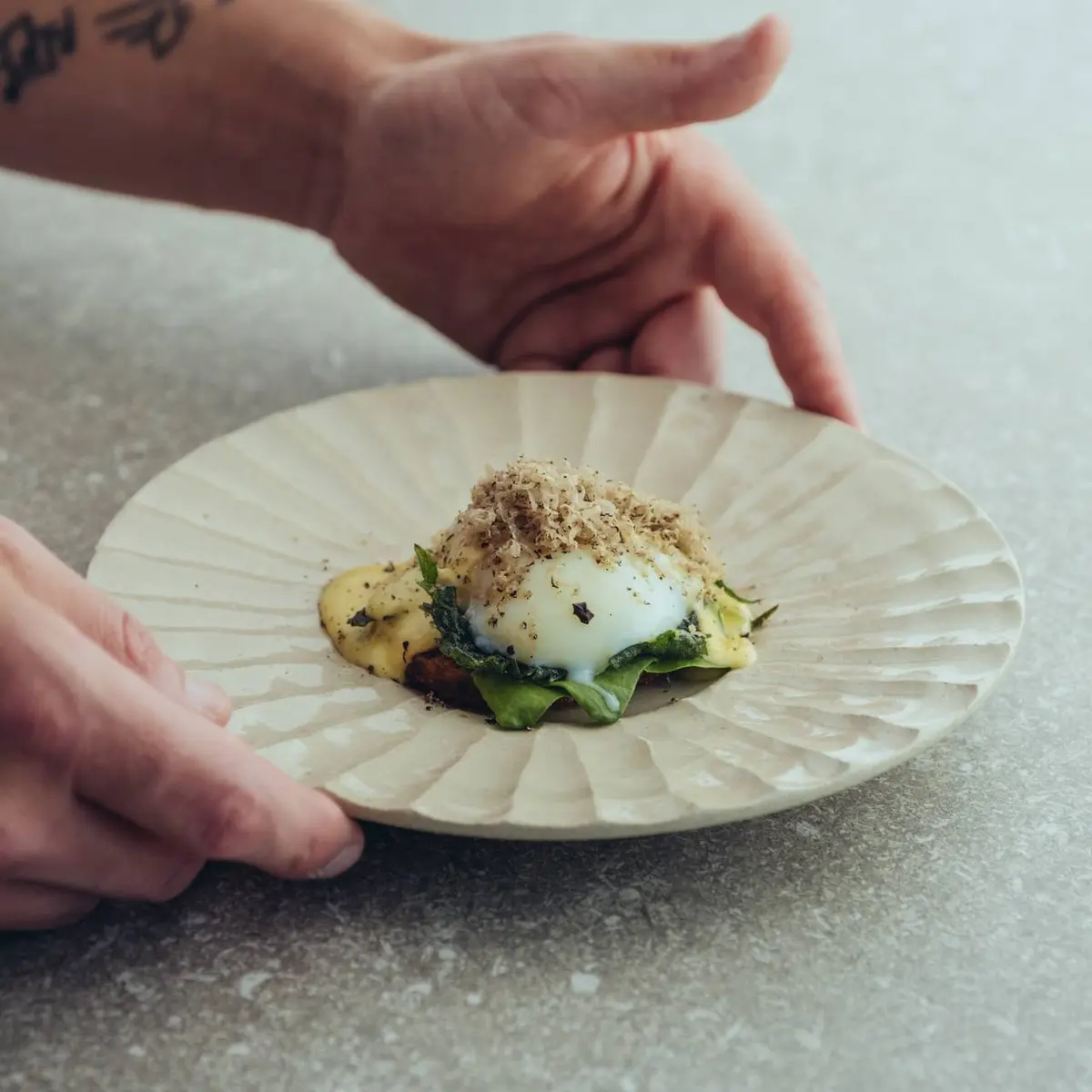 creation thumb for Guineafowl Egg | Nettles & Sorrel | Sourdough | Truffle
