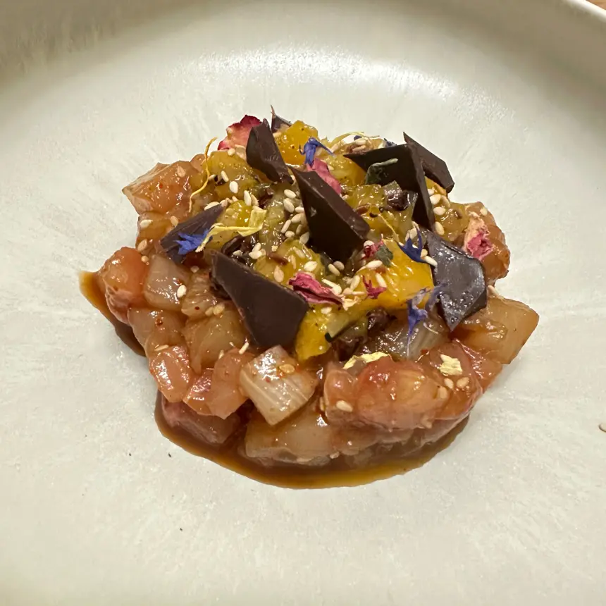 creation thumb for Amberjack Tartare, Chili, Oranges, and Cacao Beans