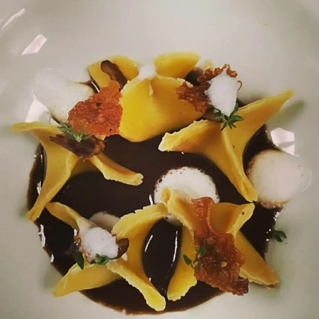 creation thumb for Fagottini with porcini , coral tuile and walnut foam