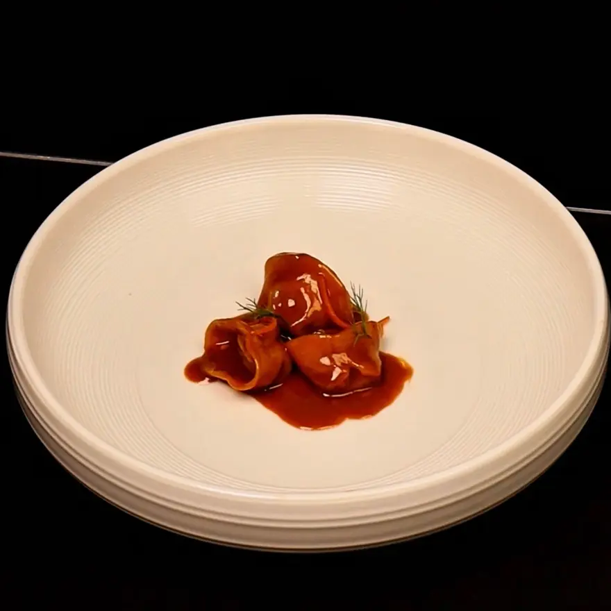 creation thumb for Char Siu Pork Cappellacci, Red Mazara Prawn Bisque & Clement