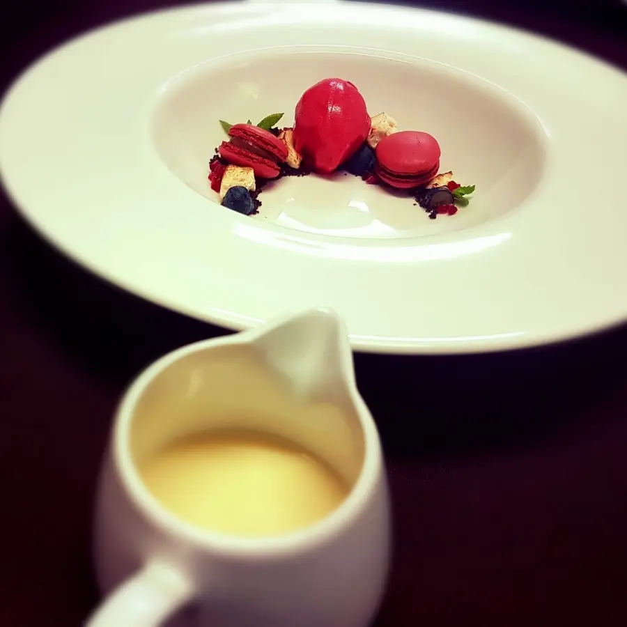 creation thumb for White chocolate and rose water soup, macarons and raspberry sorbet
