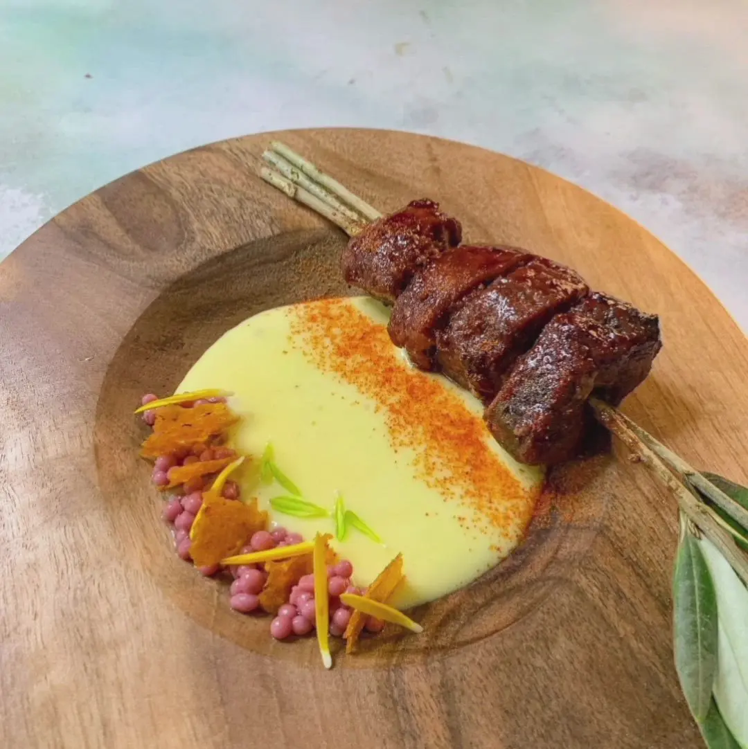 creation thumb for Kebab Skewer, Mulberry Liqure Glaze, Potato Espuma & Rice Cracker