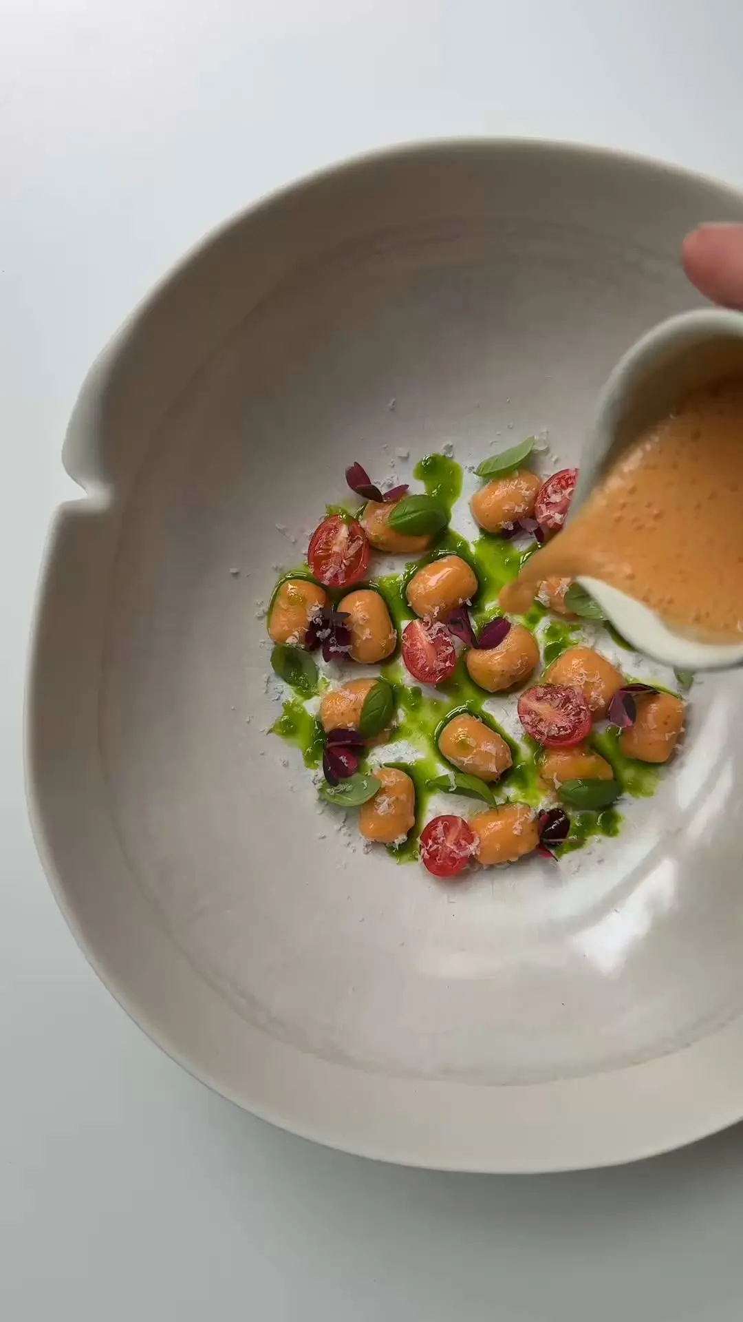 creation thumb for Gaspacho Gnocchi with Basil Oil, Parmesan & Fresh Herbs 🍅
