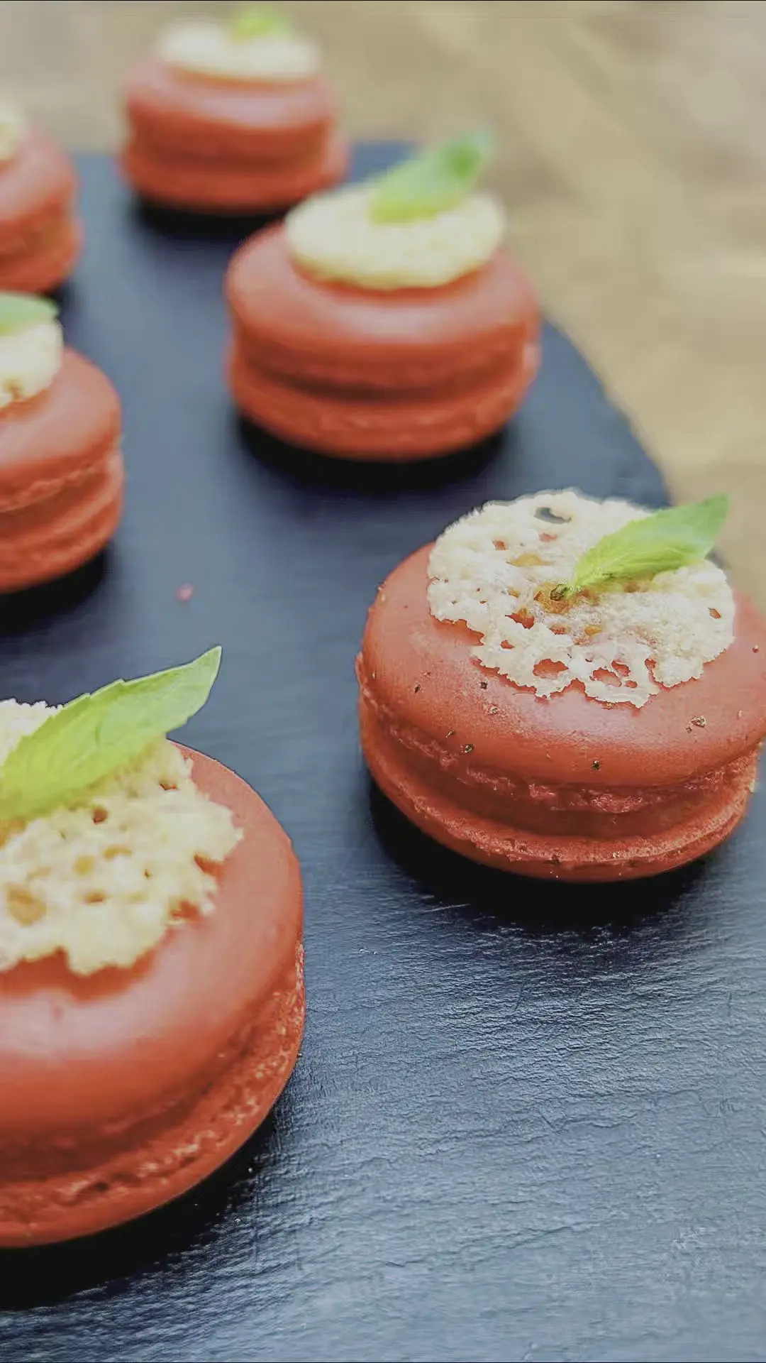 creation thumb for Savoury macarons, San Marzano tomato gel & Parmesan tuile 