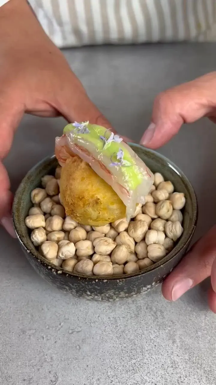 creation thumb for Chickpea meatball, raw shrimp, broad bean cream & rosemary