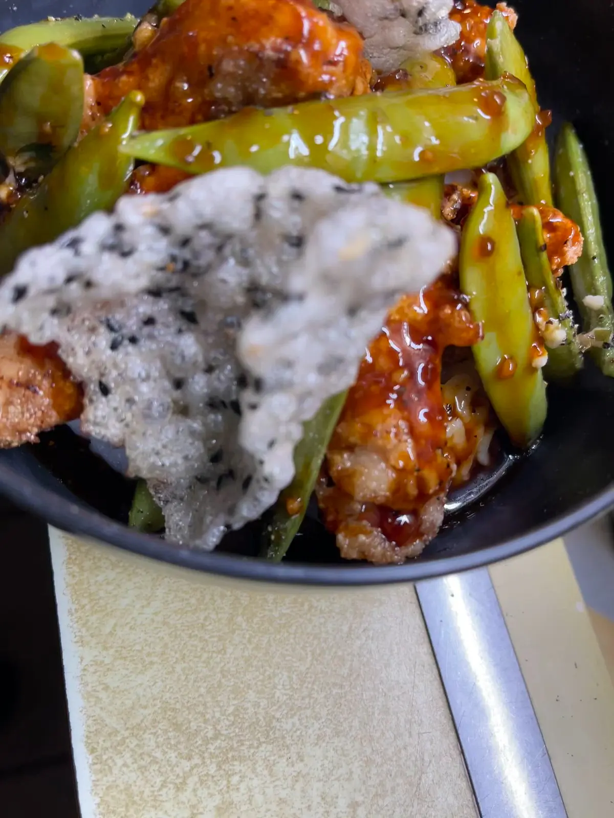 creation thumb for Bourbon-Glazed Pork, Steamed Sugar Snap Peas, Fried Sesame