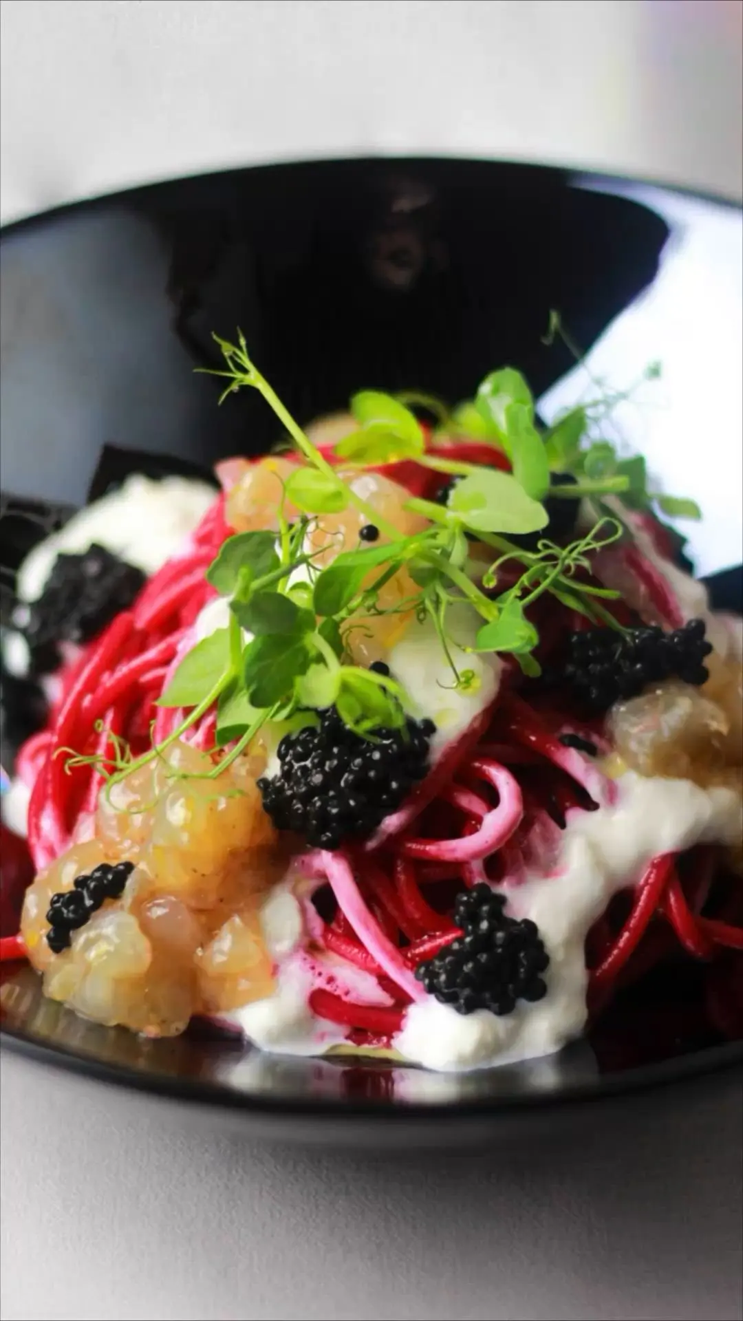 creation thumb for Red Beetroot Spaghetti with Marinated Scampi, Stracciatella,