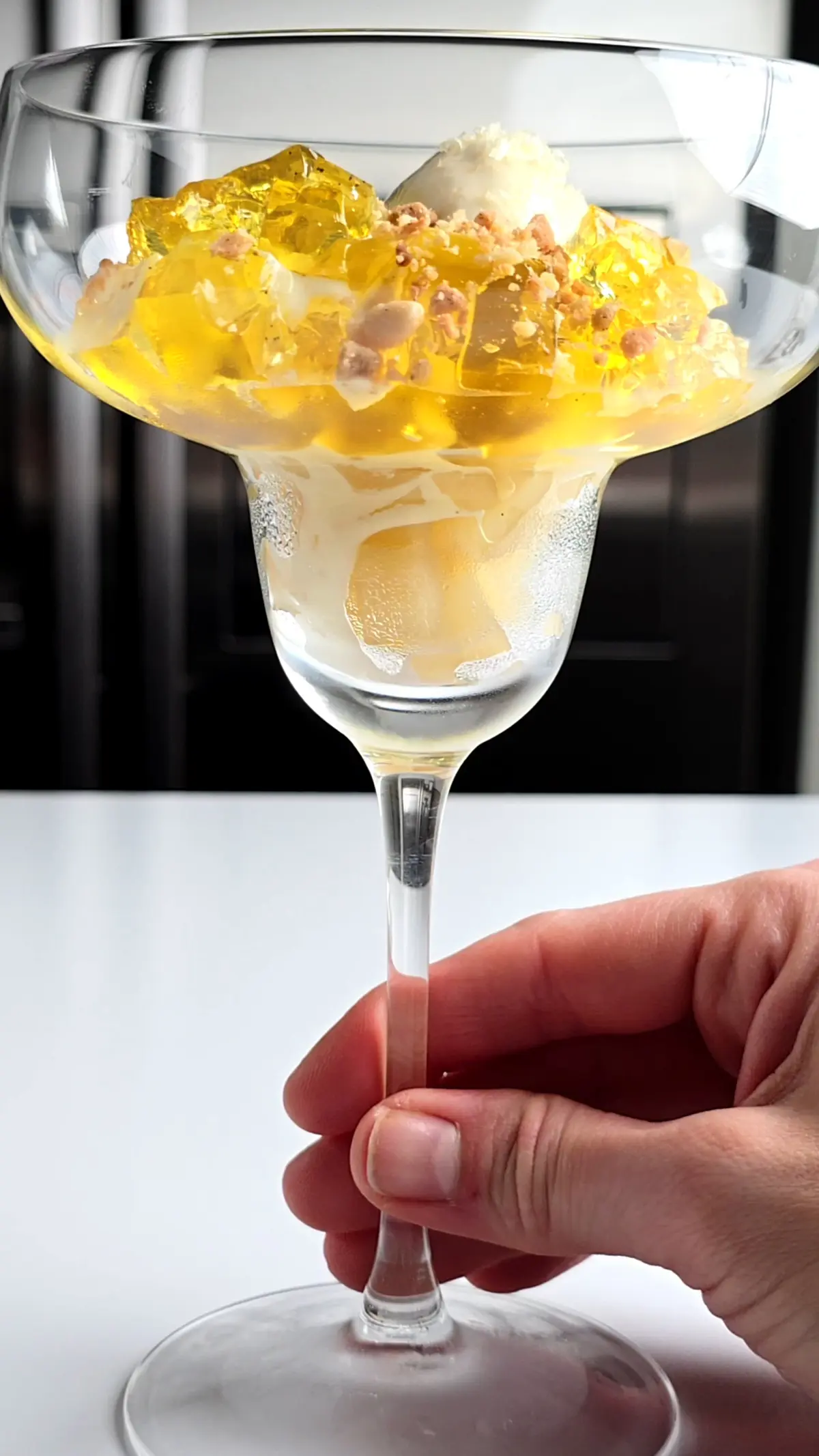 creation thumb for Poached quince, saffron jelly, camembert ice-cream