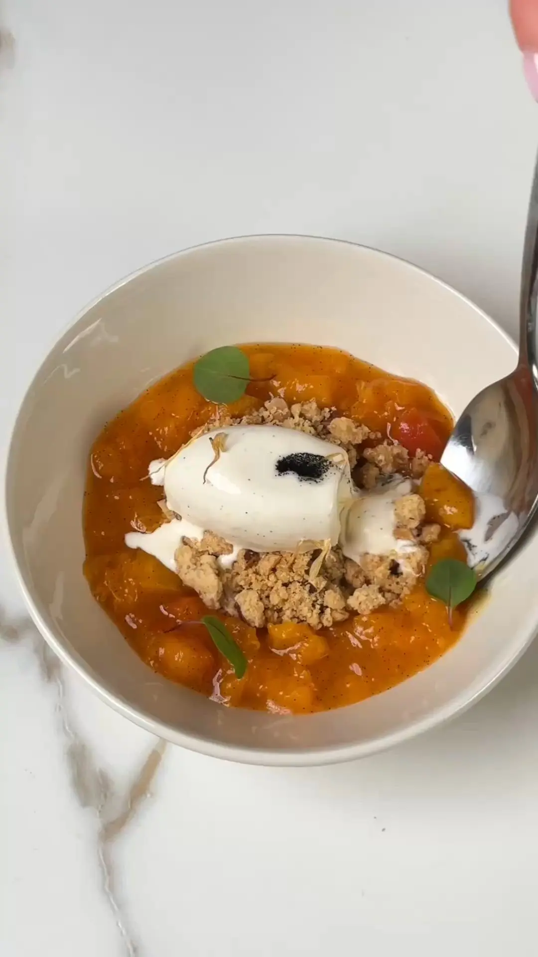 creation thumb for Tonka Bean Ice Cream, Apricot Compote & Almond Crumble