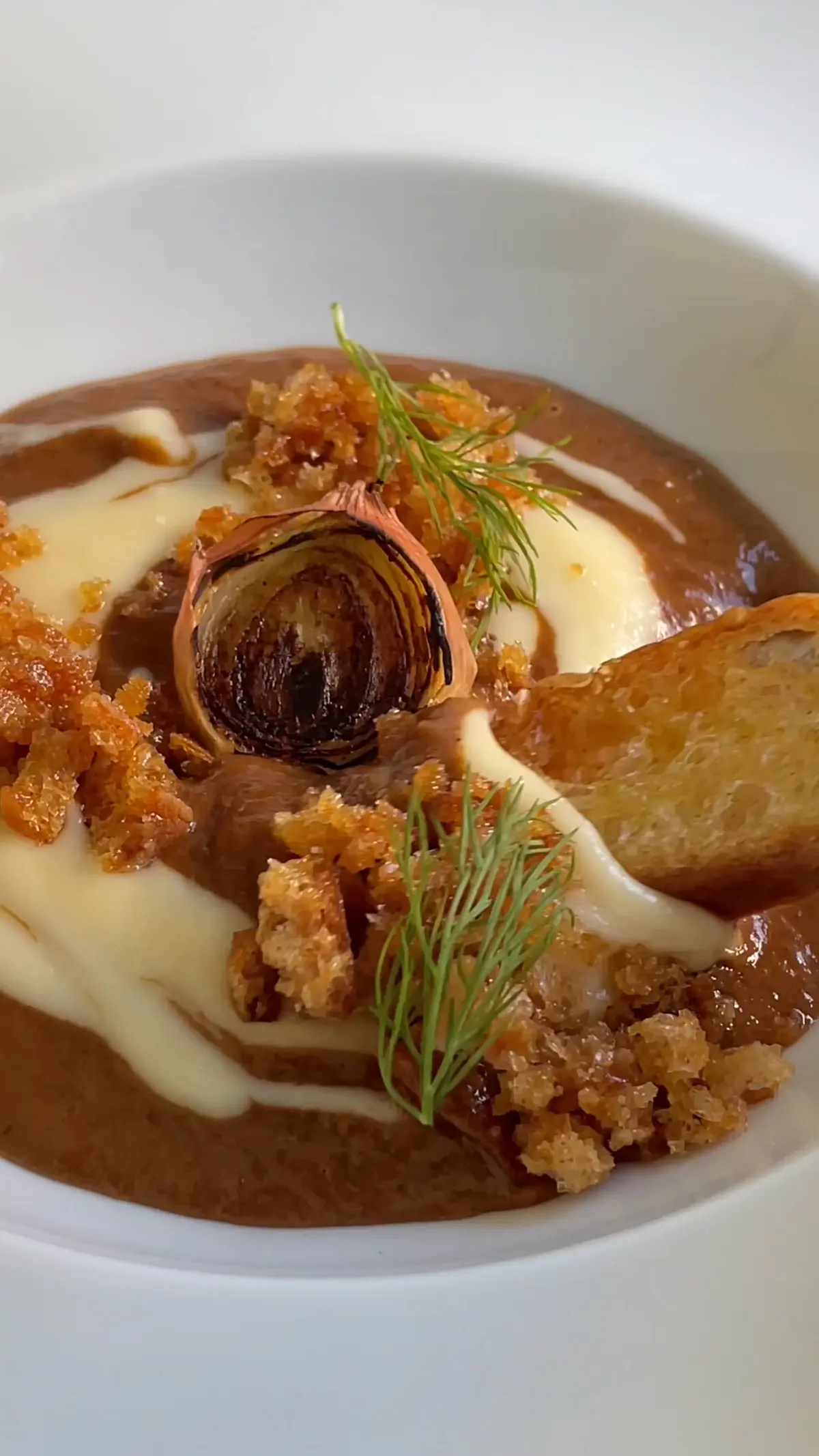 creation thumb for Onion soup with crispy bread and Parmesan fondue.