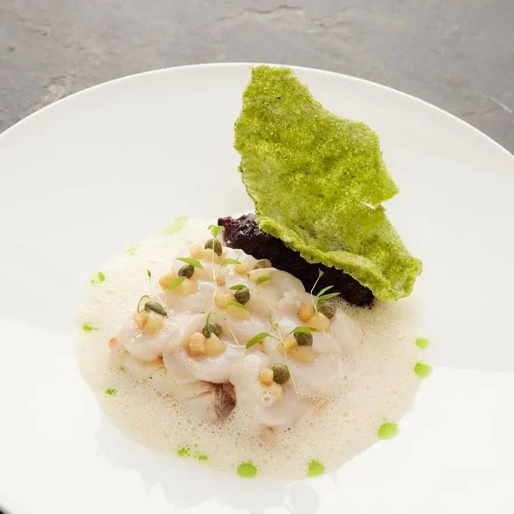 creation thumb for Sea Bass in Scallop Shells, Grenobloise, iodized Beet, Dashi