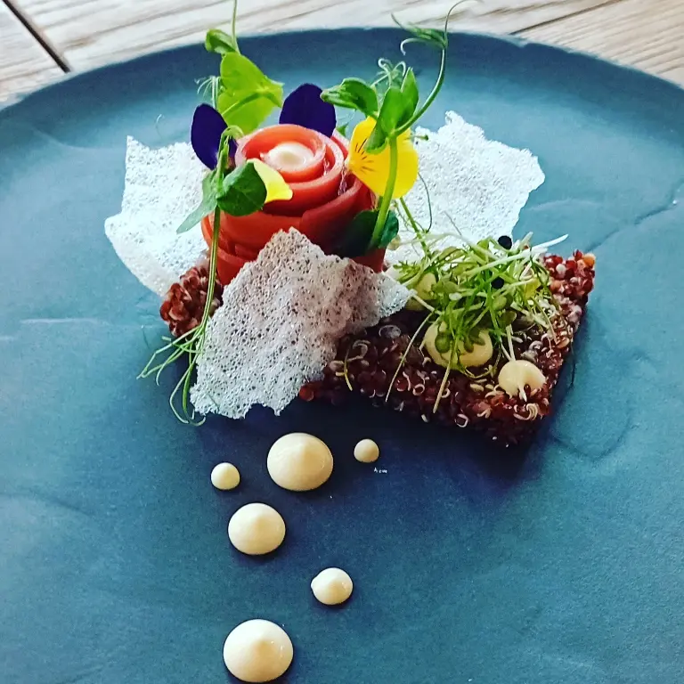 creation thumb for Carrot Salmon | Red Quinoa | Soy Dip | Crispy Rice