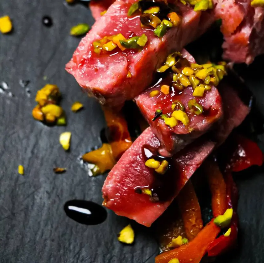 creation thumb for Pistachio and honey crusted tuna Tagliata with c vinegar