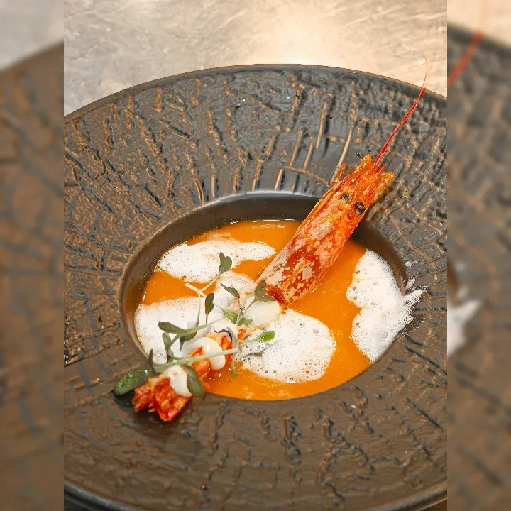 creation thumb for Prawns bisque| butter poached prawn | coconut espuma