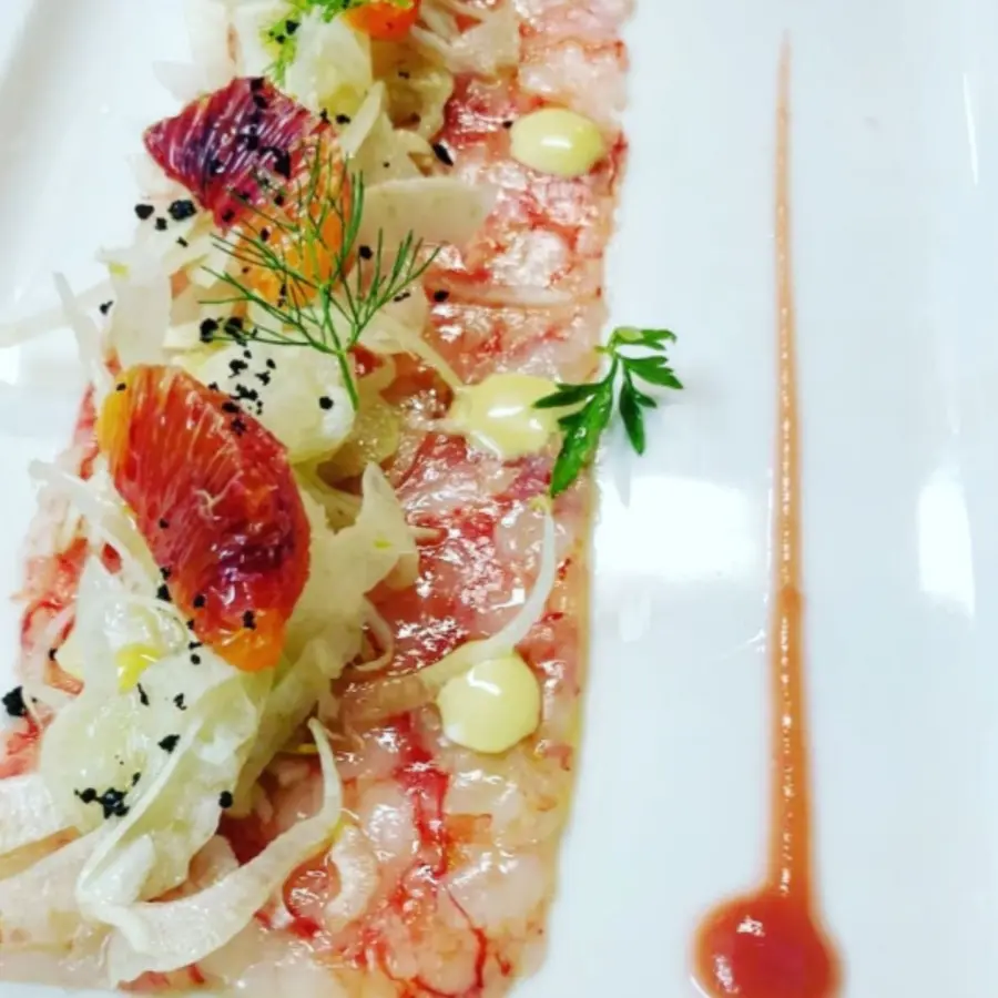 creation thumb for Red shrimps carpaccio, bloody orange, olives and anchovies mayo