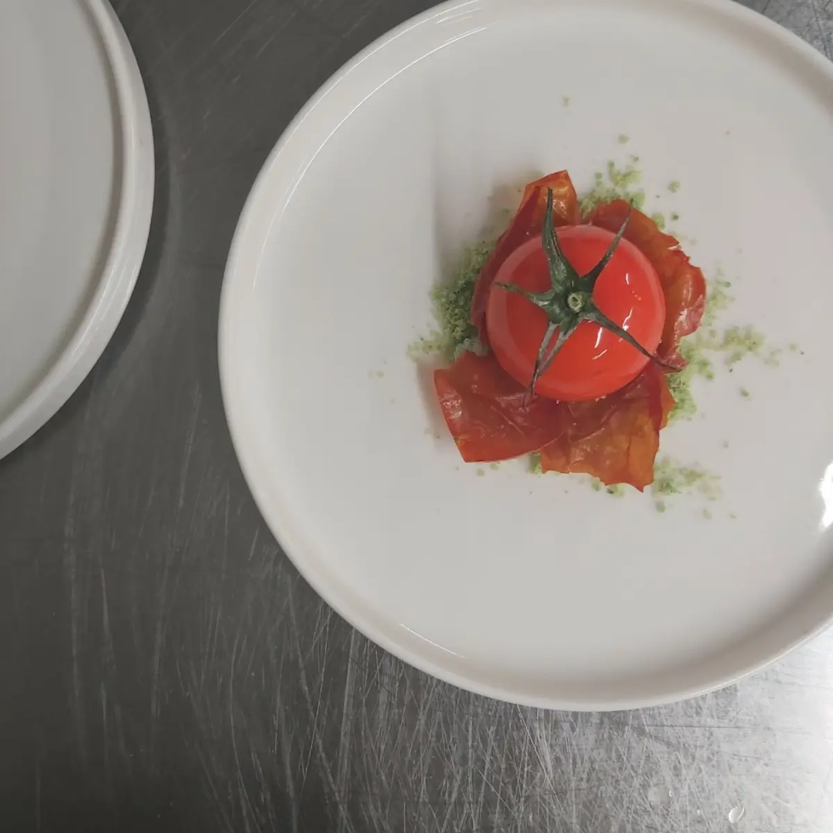 creation thumb for tomato mousse-strawberry/ginger insert-dried tomato peel-basil crumble