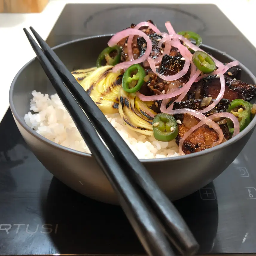 creation thumb for Marinated Pork Belly, Rice, Pickled Onions, Grilled Leeks