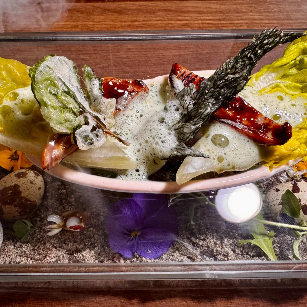 creation thumb for Quail Breast, Soy Glaze, Wild Herbs, and Chili Sour Cream