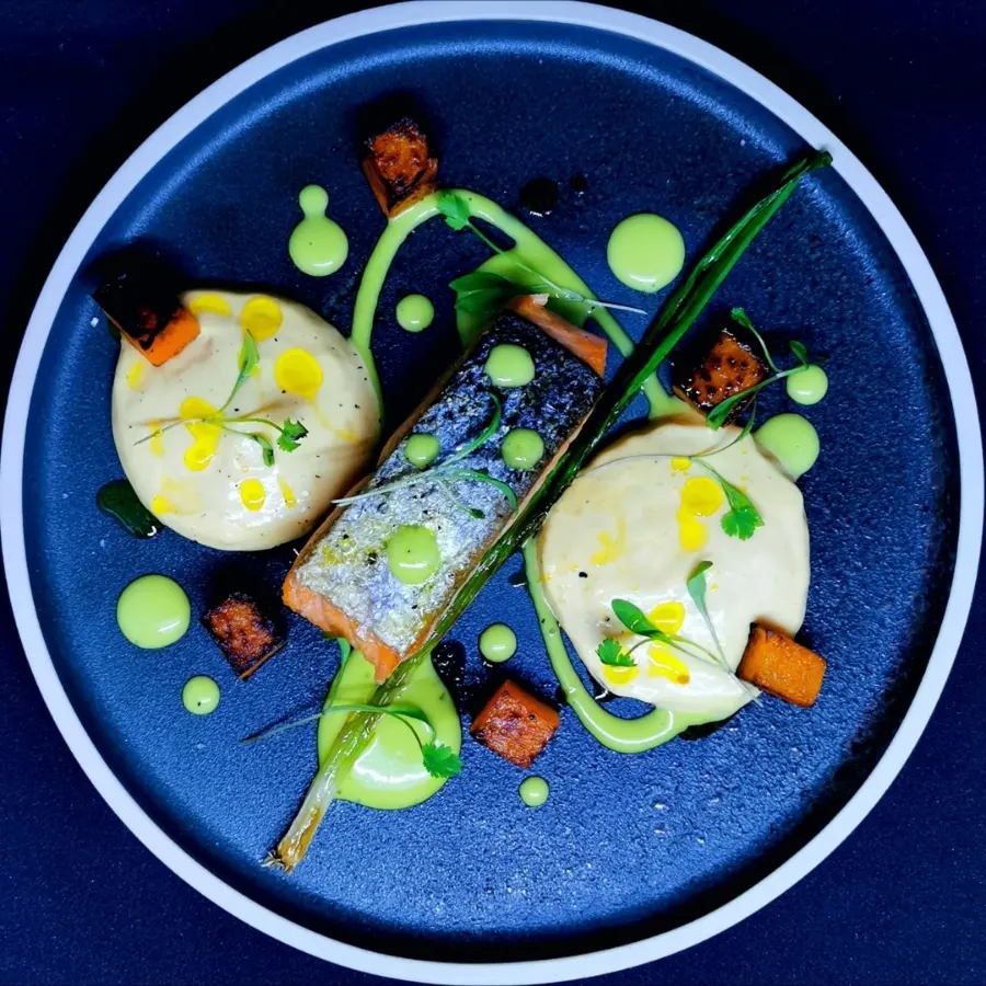 creation thumb for Salmon, pumpkin espuma, roasted pumpkin, herbs emulsion