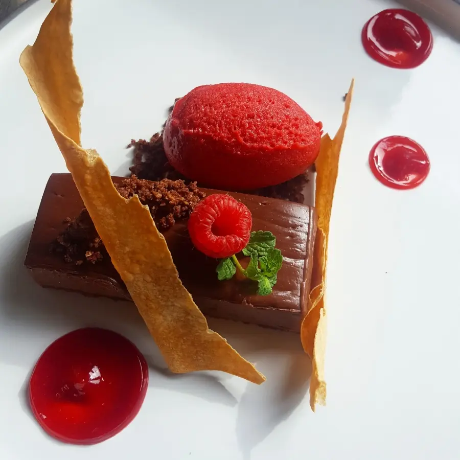 creation thumb for Chocolate Cremeux Slices | Rasberrysorbet | Filoudough | Rasberrygel |Chocolate Earth