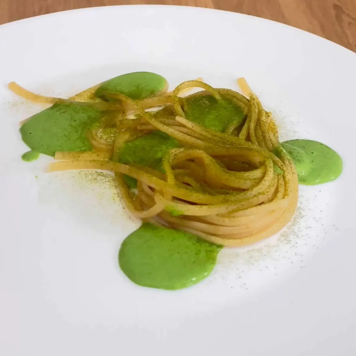 creation thumb for Spaghetti with Wild Hops Sauce & Black Garlic Sour Butter