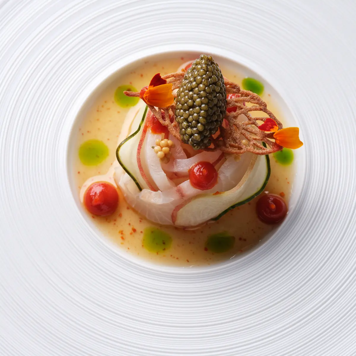 creation thumb for Hamachi | Imperial Caviar | Peach | Tea Broth