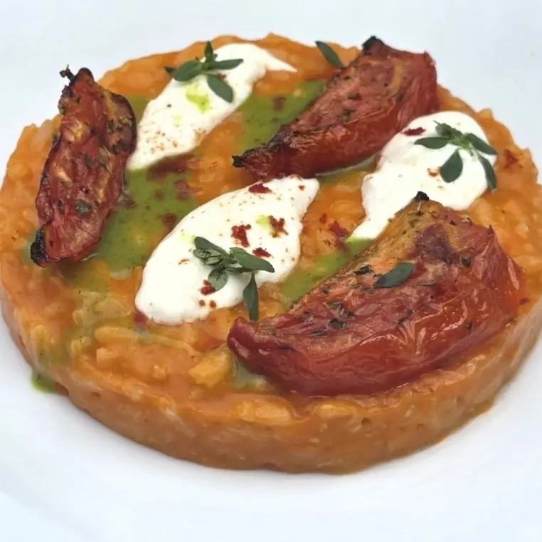 creation thumb for Three-Tomato Risotto, Burrata Stracciatella & Basil Cream