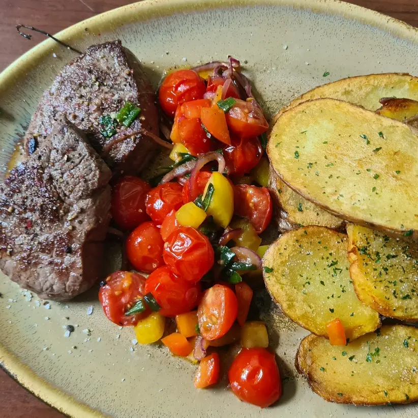 creation thumb for Rib Eye steck, glazed honey tomatoes peppers oven potatoes