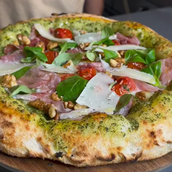 creation thumb for Fig Leaf Pesto Pizza with Fior di Latte, Parma & Pecorino