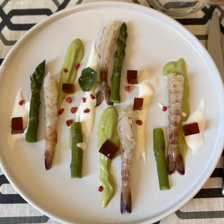 creation thumb for Mazzancolle, Asparagi, Burrata, Fave, Caramelle di Vermout,