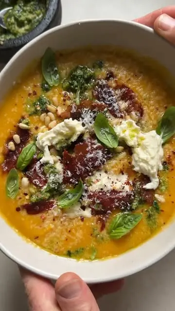 creation thumb for Roast Pumpkin Soup with Burrata, Pesto & Prosciutto