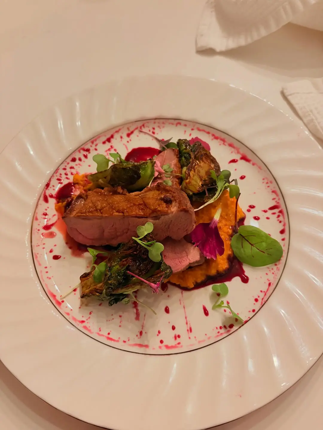 creation thumb for Duck Breast with Sweet Potato Puree, Balsamic Brussels Sprouts, and Blueberry Gastrique