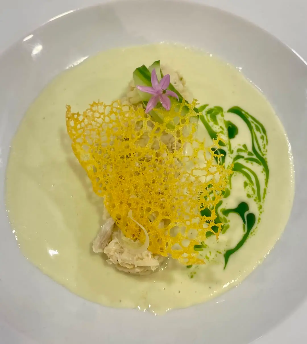 creation thumb for Crab Salad w/ Cucumber’s Gazpacho soup, Twill & Parsley Oil.