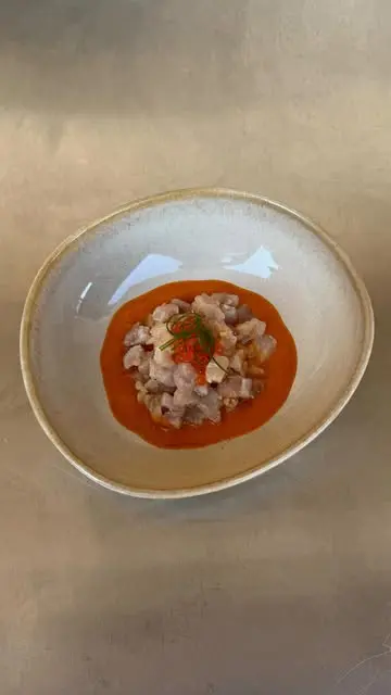 creation thumb for Kombujime bonito crudo, roasted pepper cream