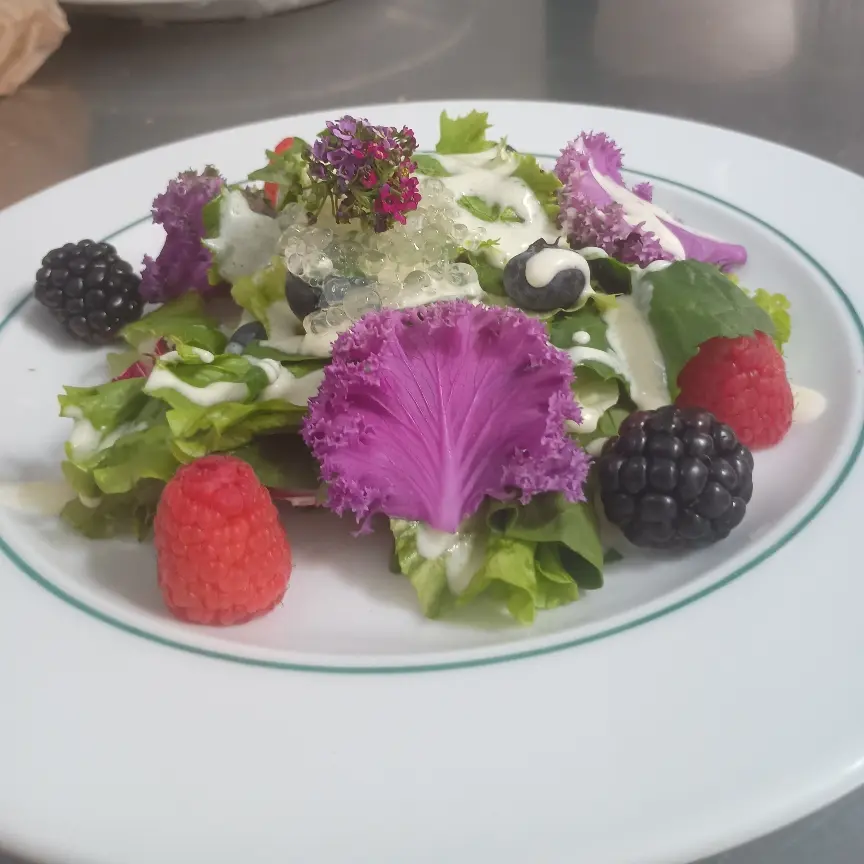 creation thumb for Ensalada de frutos rojos y kale baby con aderezo de jícama