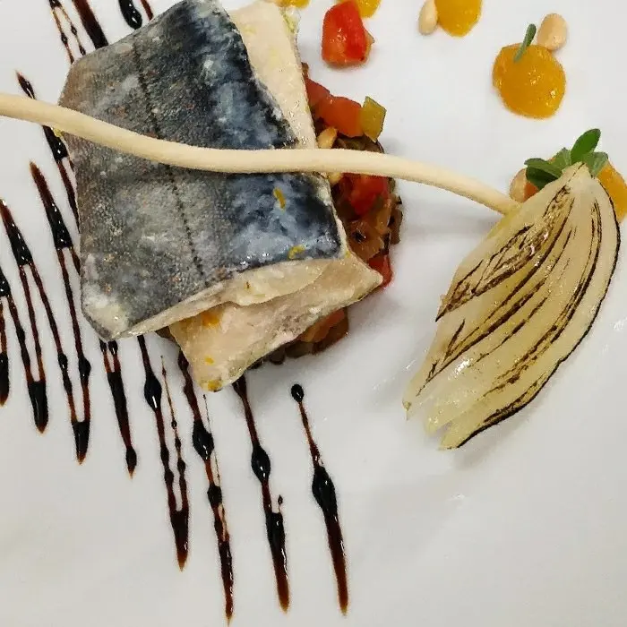 creation thumb for Salmerino confit caponata di melannzane ,crema d'arancio ,aceto balsamico e cipolla cbt.