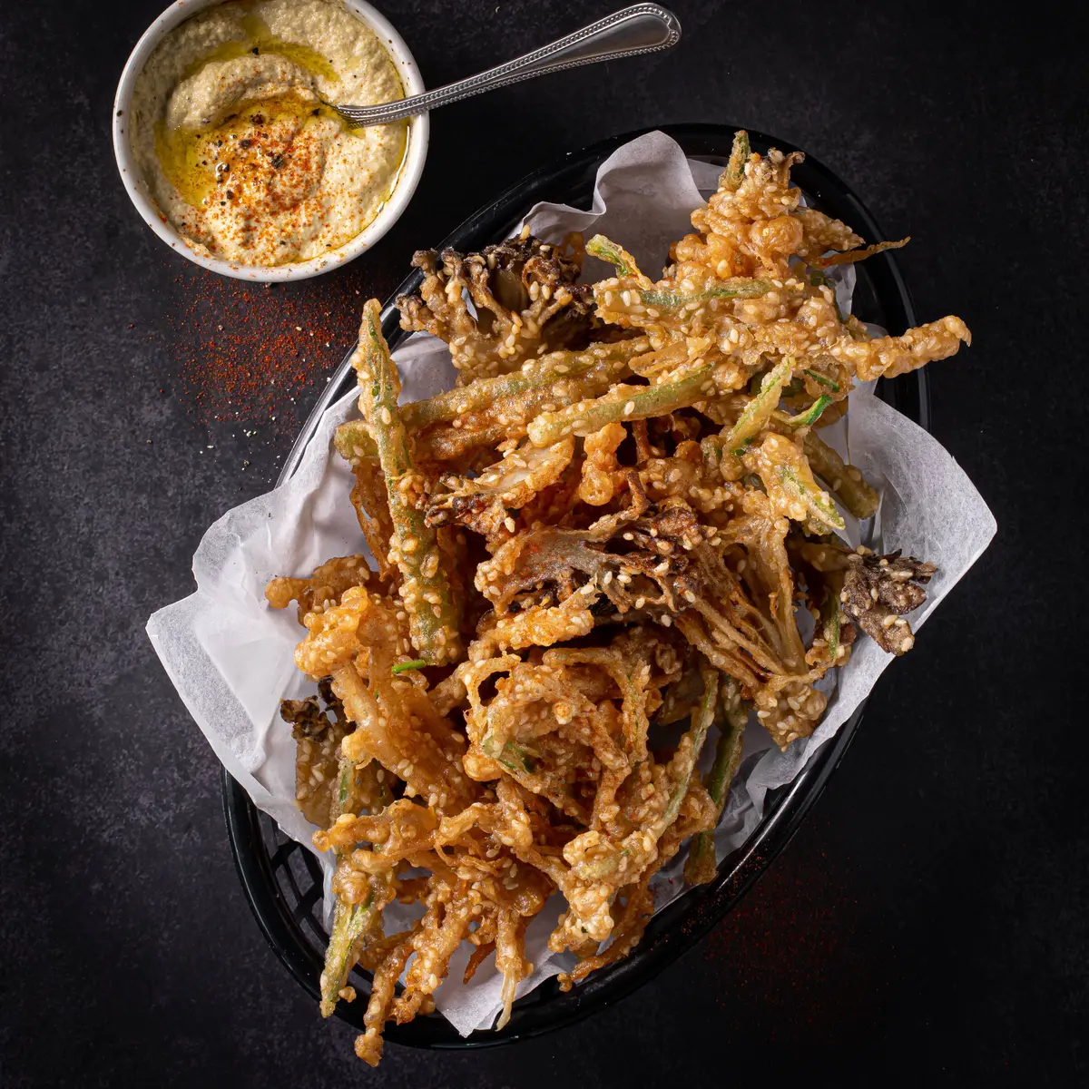 creation thumb for Tempura of Enoki, Maitake and Okra with vegan garlic sauce