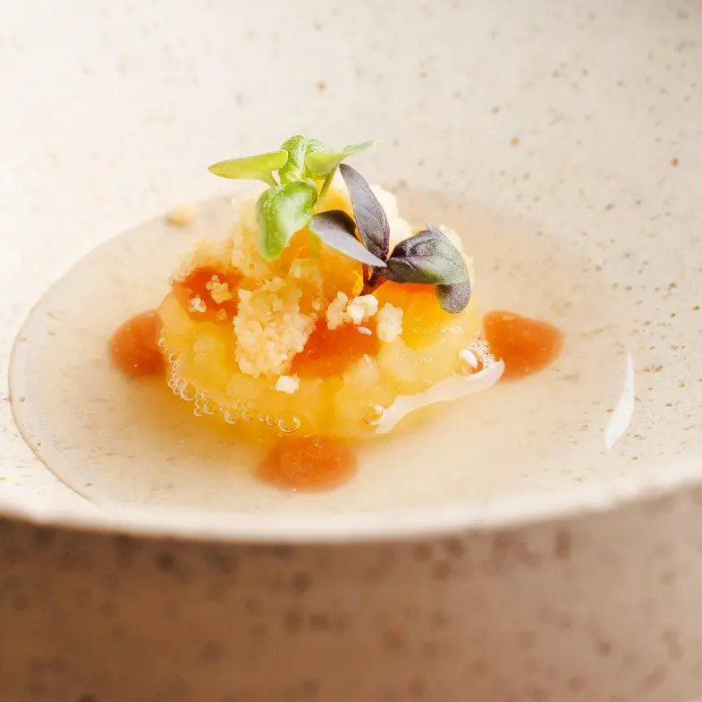creation thumb for Apple consomme, apple chutney, rhubarb, rosemary crumble