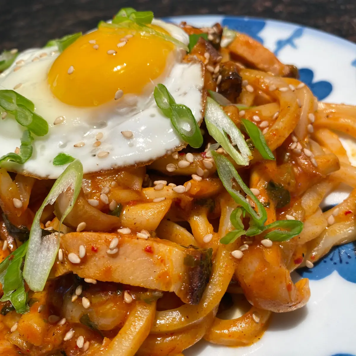 creation thumb for Kimchi Udon, smoked pork belly lardons, enoki mushrooms