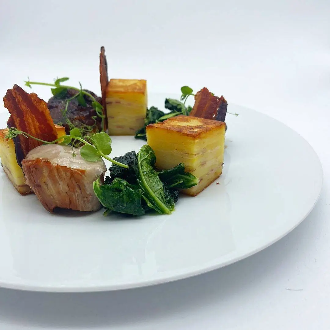 creation thumb for Pig Plate with Potato Mille Feuille with smoked Bacon & Kale